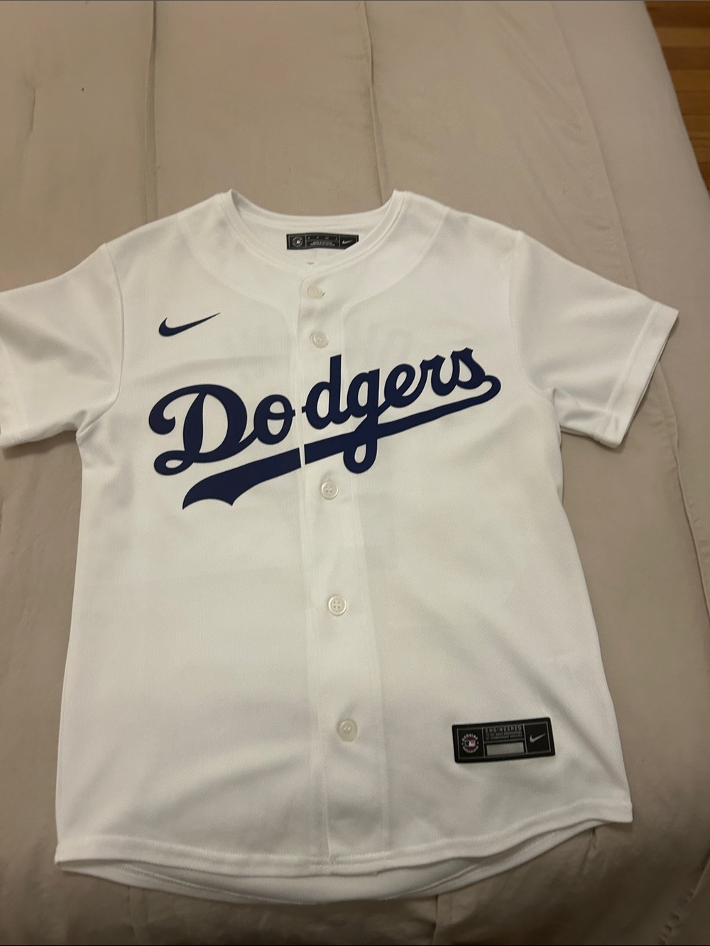 Nike Kids Ohtani White Dodgers Baseball Jersey with Navy Script